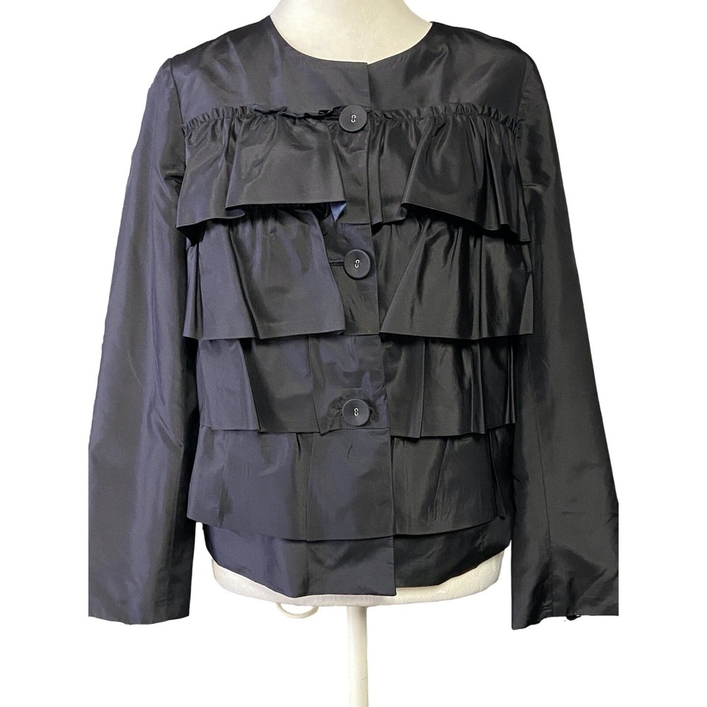 J.Crew Jacket Womens 6 Blue Silk Taffeta Ruffle Tiered Button Front Dressy